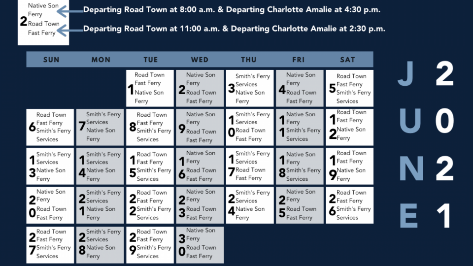 June BVI Ferry Schedule between St. Thomas to Tortola June BVI Ferry Schedule between St. Thomas to Tortola