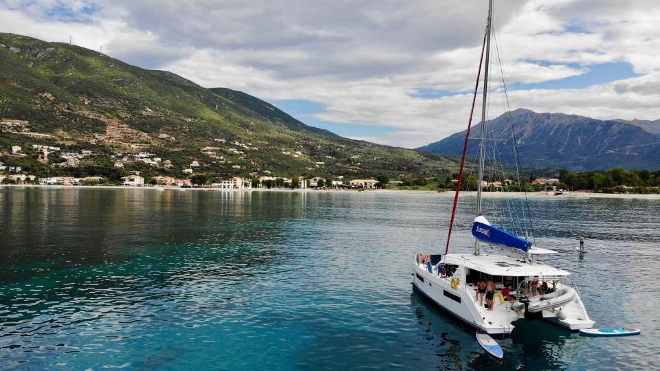 Sunsail catamaran approaching Lefkas