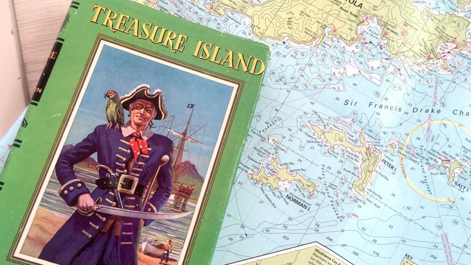 Treasure Island book and BVI map